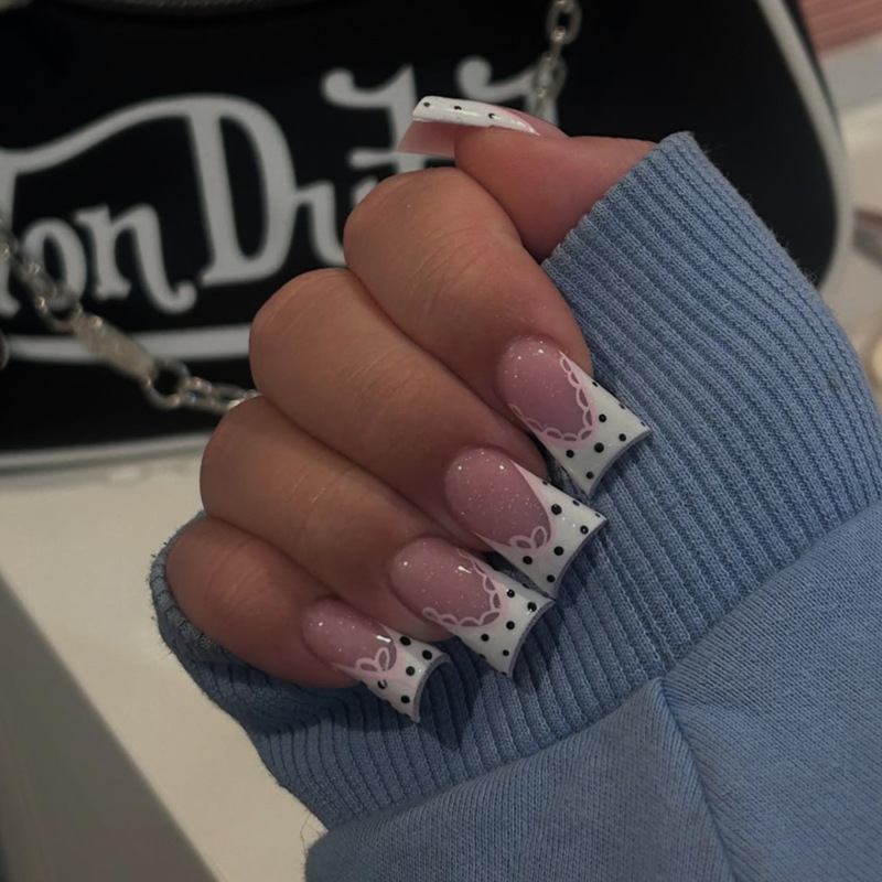 Cross-Border Foreign Trade White French-Style Wearable Nails Black Polka Dot Duckbill-Shaped Nail Tips Wearable Fake Nails Wholesale