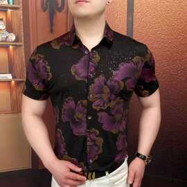 欧货夏季男士短袖衬衫轻奢时尚个性印花凉感轻熟风休闲设计感衬衣