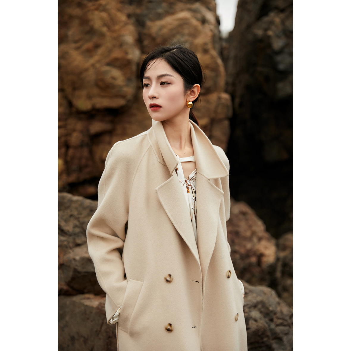 Classic 101801 Cocoon Type Slimming Look Wool Cashmere Double-Sided Woolen Outwear Long Woolen Outwear Women's Autumn and Winter New