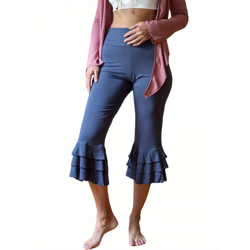 2026 Cross-Border New European and American Women's Capri Pants, Leggings, High Waist, Tummy Control, Ruffles