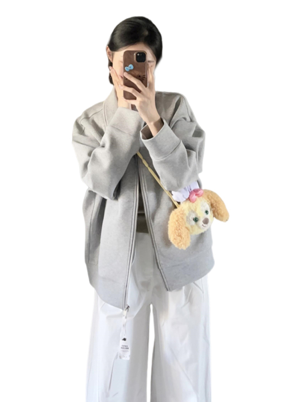 灰色翻领卫衣外套女款春秋季2025新款韩系宽松棒球服休闲上衣|undefined