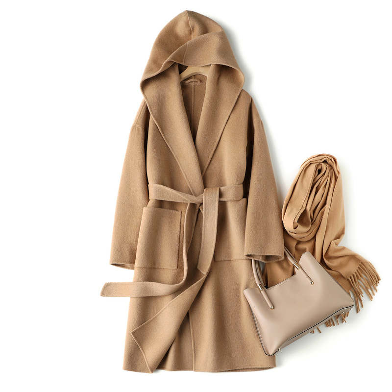 Elegant new rich daughter feeling camel velvet hooded double-sided tweed coat French lazy bathrobe style casual coat Elegant new rich daughter feeling camel velvet hooded double-sided tweed coat French lazy bathrobe style casual coat
