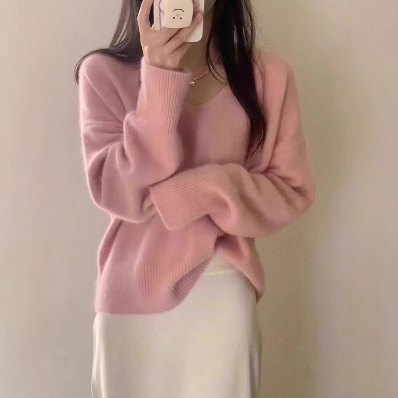 新しいソリッドカラーのソフトワックスキャンディーカラーのルーズVネックプルオーバーセータートップ女性用秋と冬のインナーセーター|undefined