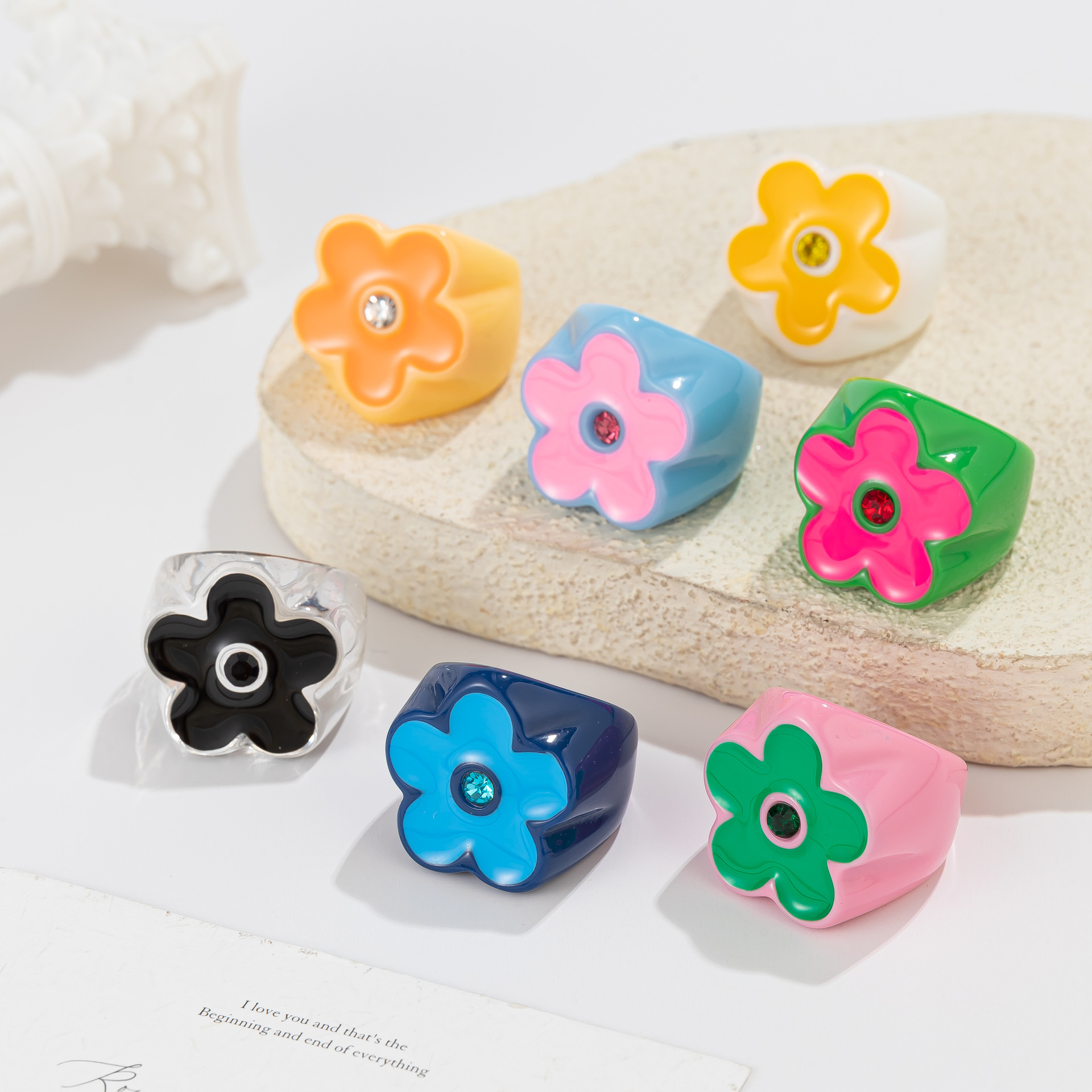 Xiyin cross-border colorful floral pattern smooth layered resin ring, personalized, fashionable, versatile joint ring for women