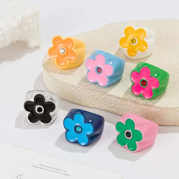 Xiyin cross-border colorful floral pattern smooth layered resin ring, personalized, fashionable, versatile joint ring for women