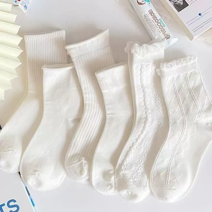 белые носки для женщин, летние тонкие однотонные хлопковые носки в японском стиле, кружевные носки Мэри Джейн в японском стиле с маленькими кожаными туфлями, летние носки до середины икры