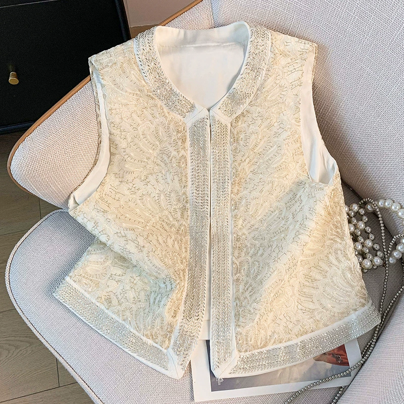 Летний новый ретро-кардиган-жилет с круглым вырезом и вышивкой бисером в китайском стиле для женщин, улучшенная версия 2025 года