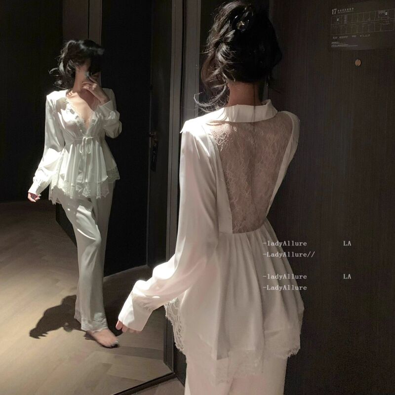 Satin Ice Silk Pajamas for Women Spring, Autumn and Summer High-End Home Wear Pure Lust Elegant Long-Sleeved Pants Two-Piece Suit Satin Ice Silk Pajamas for Women Spring, Autumn and Summer High-End Home Wear Pure Lust Elegant Long-Sleeved Pants Two-Piece Suit