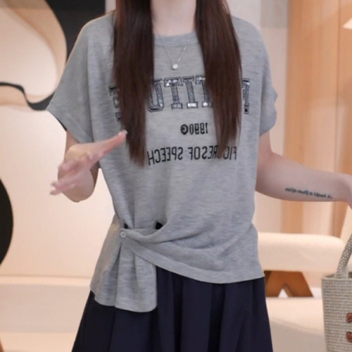 Irregular slanted short-sleeved T-shirt for women's summer thin style design and fashionable letter sequins loose and slim versatile top