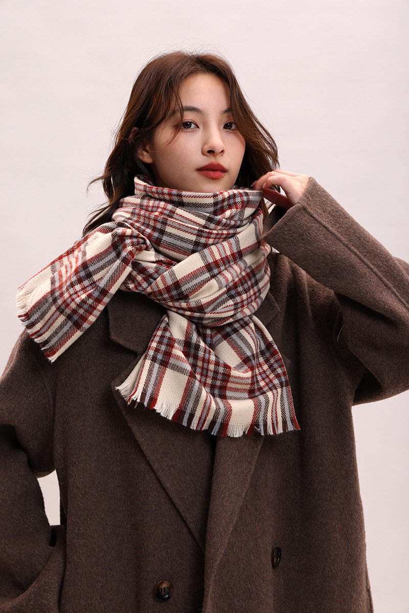 Korean version 2024 new women's autumn and winter warm shawl red checkered high-end atmosphere knitted thick scarf_voghion.com
