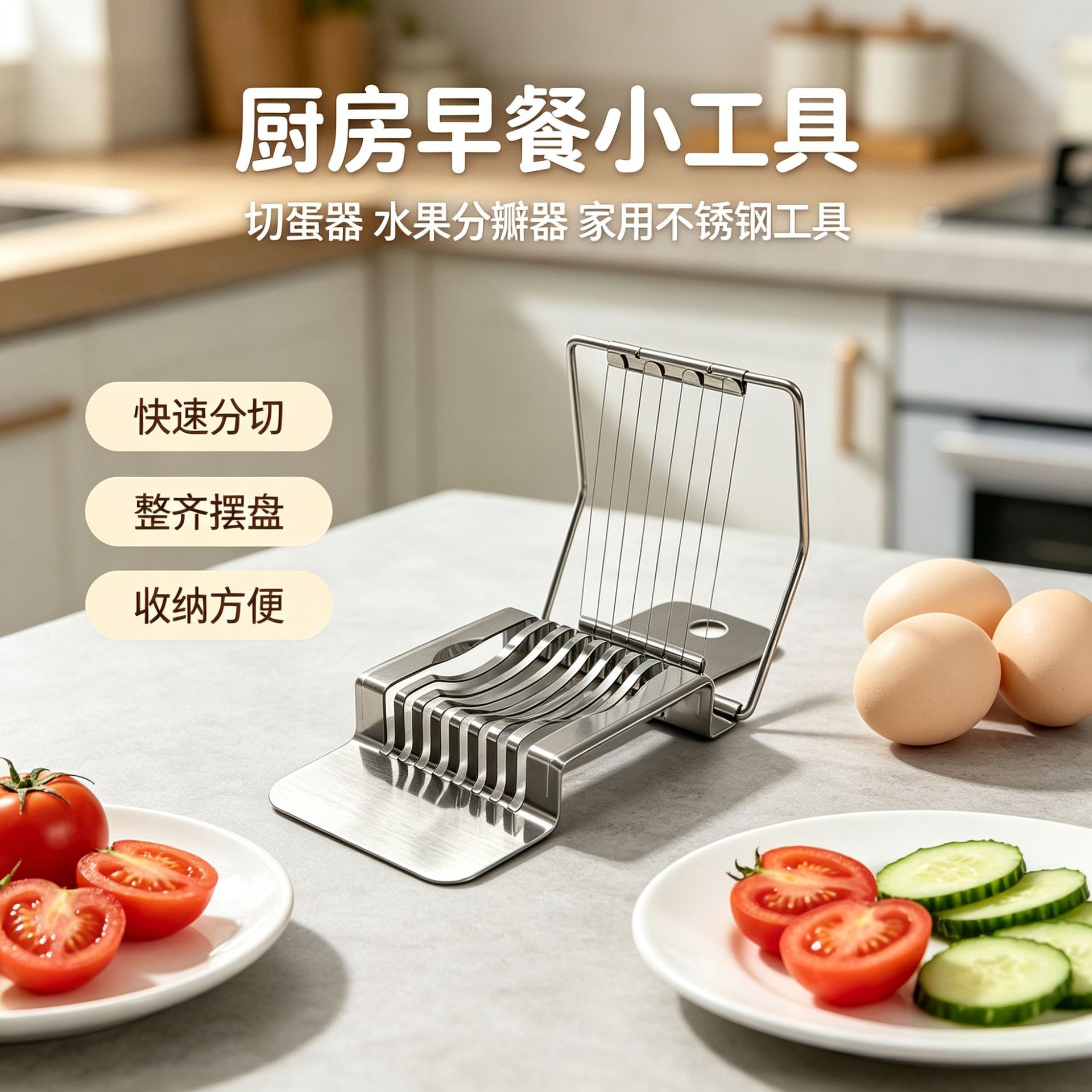 Stainless steel multi-functional egg slicer, for evenly slicing eggs, tomatoes, and cucumbers; a handy kitchen gadget for home use; wholesale