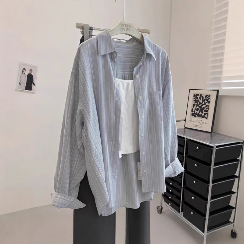 Striped Long-Sleeve Shirt for Women, New Style, Loose and Relaxed, Slimming, Fresh and Light, Sun-Protective Shirt, Korean Style, Trendy Women's Fashion