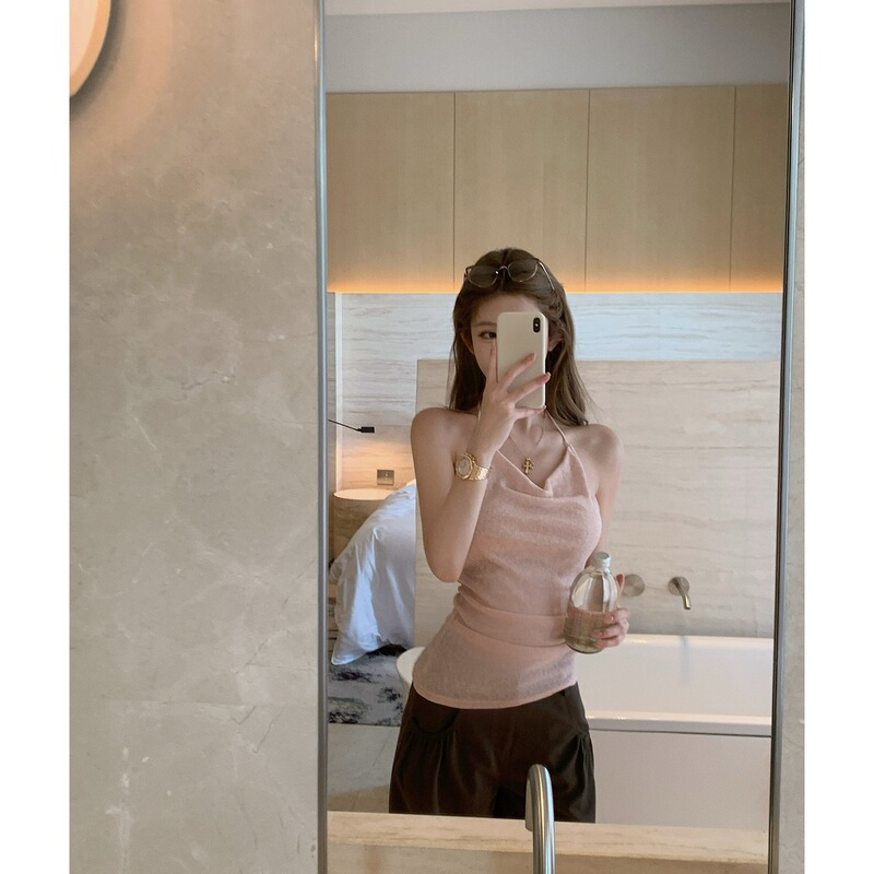 【Double-Layer 2X2 Tencel Ribbed】Halter Neck Camisole for Women, Summer Design with Tie Straps, Slightly Sheer Sleeveless Top 【Double-Layer 2X2 Tencel Ribbed】Halter Neck Camisole for Women, Summer Design with Tie Straps, Slightly Sheer Sleeveless Top