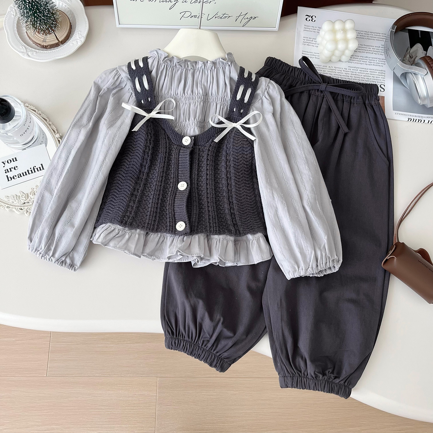 Mädchen Strickweste Mit Puppenkragenhemd Und Hose Set_voghion.com