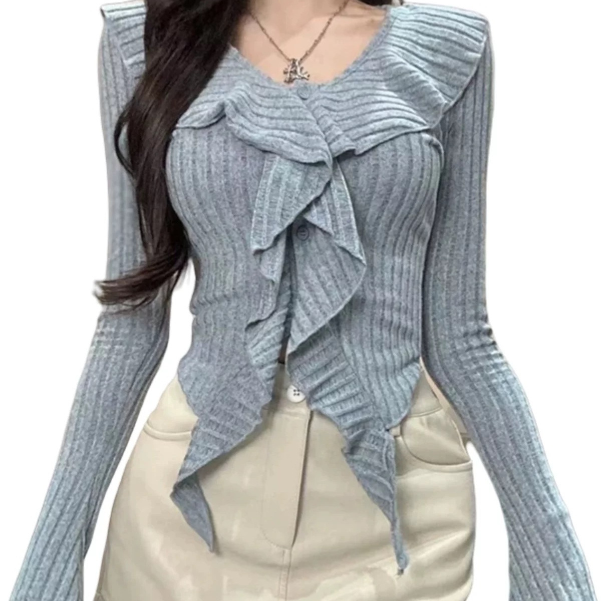 Sexy spicy girl V-neck design with flared sleeves irregular ruffle edges as the base layer, autumn and winter new slim_voghion.com
