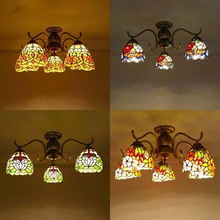 3-5头蒂凡尼复古创意彩色玻璃吸顶灯 欧式卧室书房餐厅多头吸顶灯