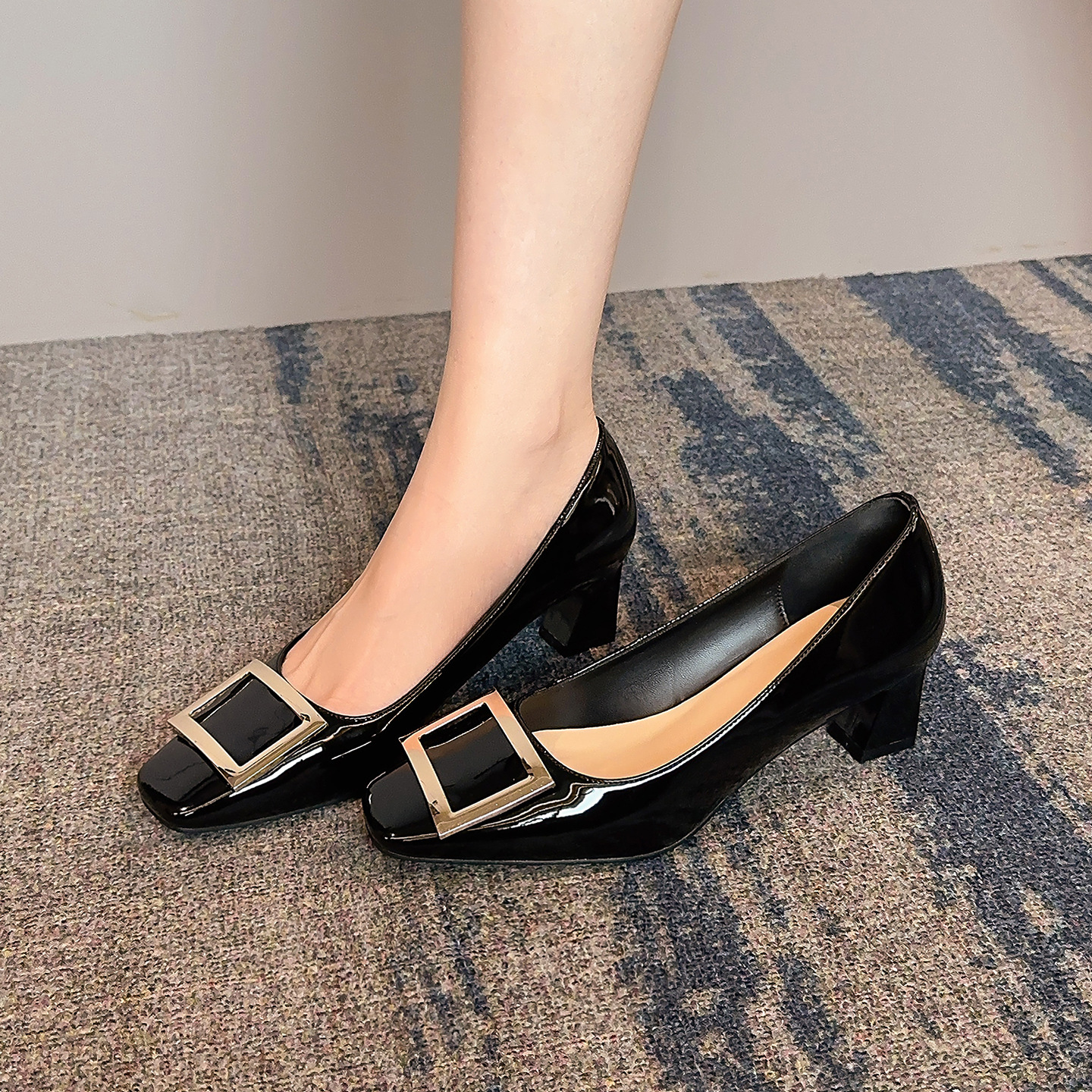 Wide Square-Toe High Heels with Chunky Mid-Heel, Patent Leather Square Buckle, Elegant Shallow Mouth, Solid Color, Wide Fit, Square-Toe Shoes for Women