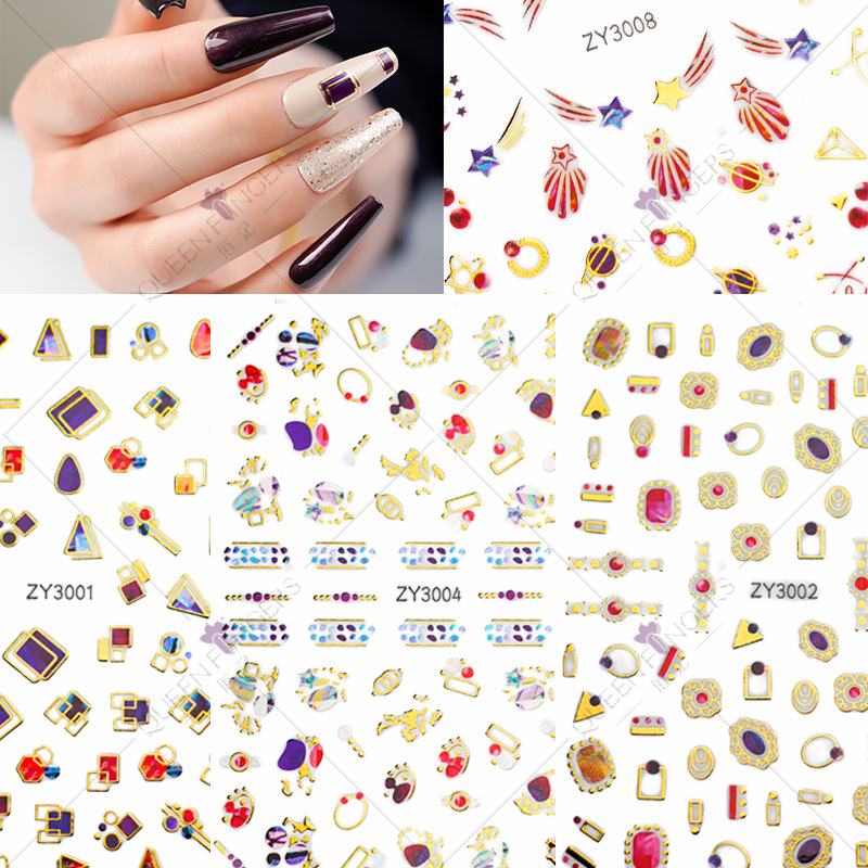 Concubina joyería de uñas geométrico universo planeta gilding DIY pegatinas de uñas Moon Gem 3D pegatinas de uñas adhesivas