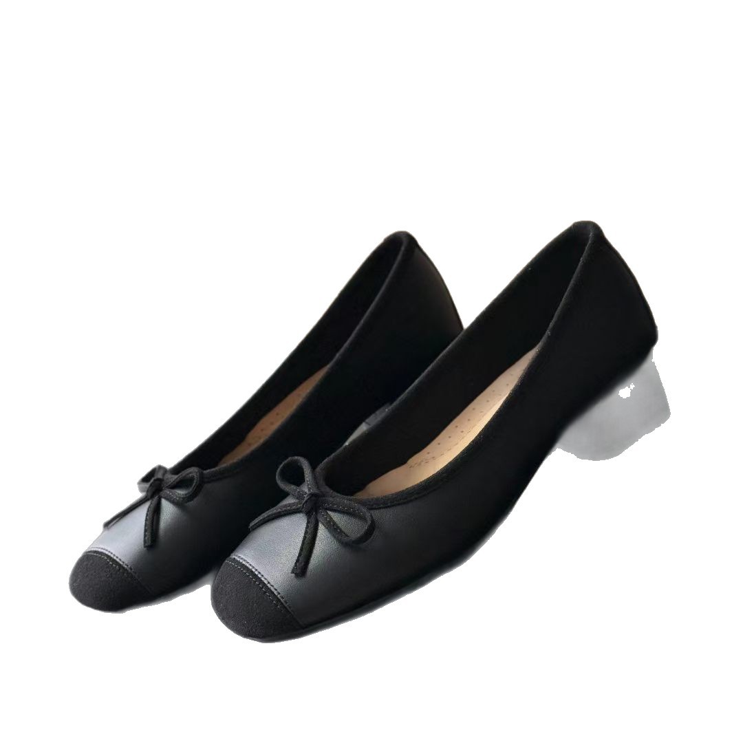 Super Soft Sheepskin Ballet Shallow Cut Mid-Heel Single Shoes, Round Toe, Genuine Leather, Bow Detail, Chunky Heel,_vogvips.com