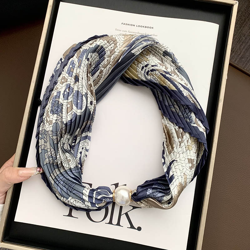Hebilla de succión magnética collar de perlas bufanda de seda larga y estrecha bufanda de cuello femenino con camisa bufanda fina bufanda de seda plisada bufanda