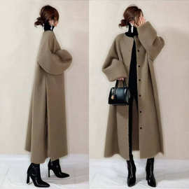 外贸女装欧美风2024秋冬新款宽松外穿圆领单排扣长款呢料大衣外套
