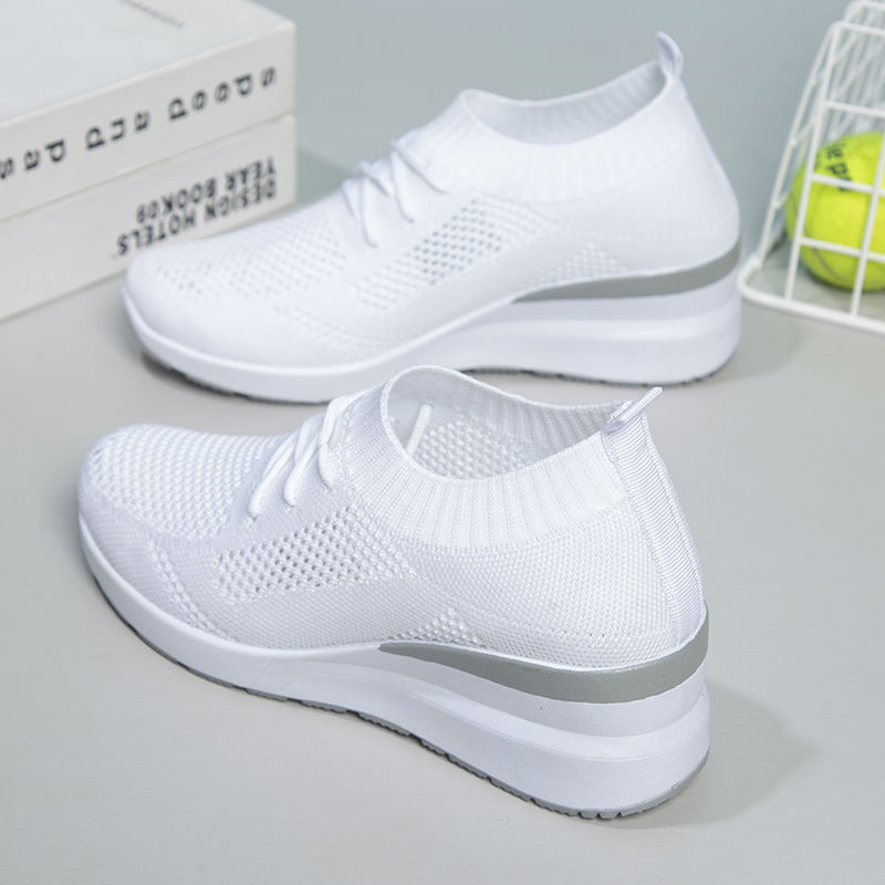 Summer Thick High-Heeled Mesh Shoes for Women, Wedge-Heeled Breathable Sports Casual Shoes, Commuting Inner Heightening White Nurse Shoes, High Heels