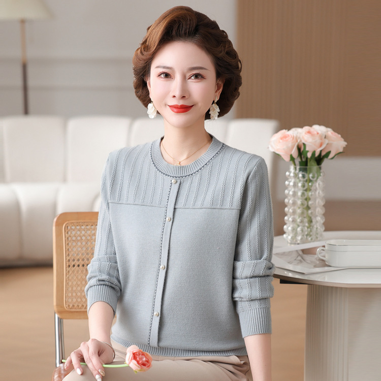 2025新款妈妈春装时尚圆领薄款毛衣中老年女装长袖T恤打底上衣服|undefined