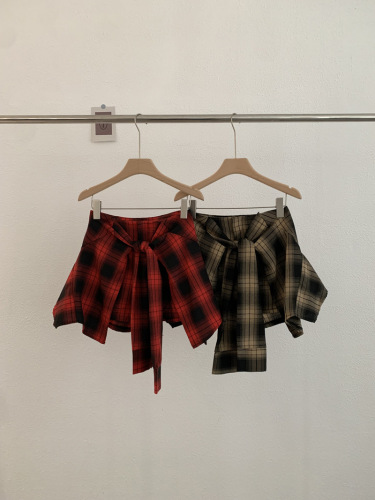 Omaile Irregular A-line Shorts Summer Retro High-Waist Grid Belt Pencil Skirt Set 7986