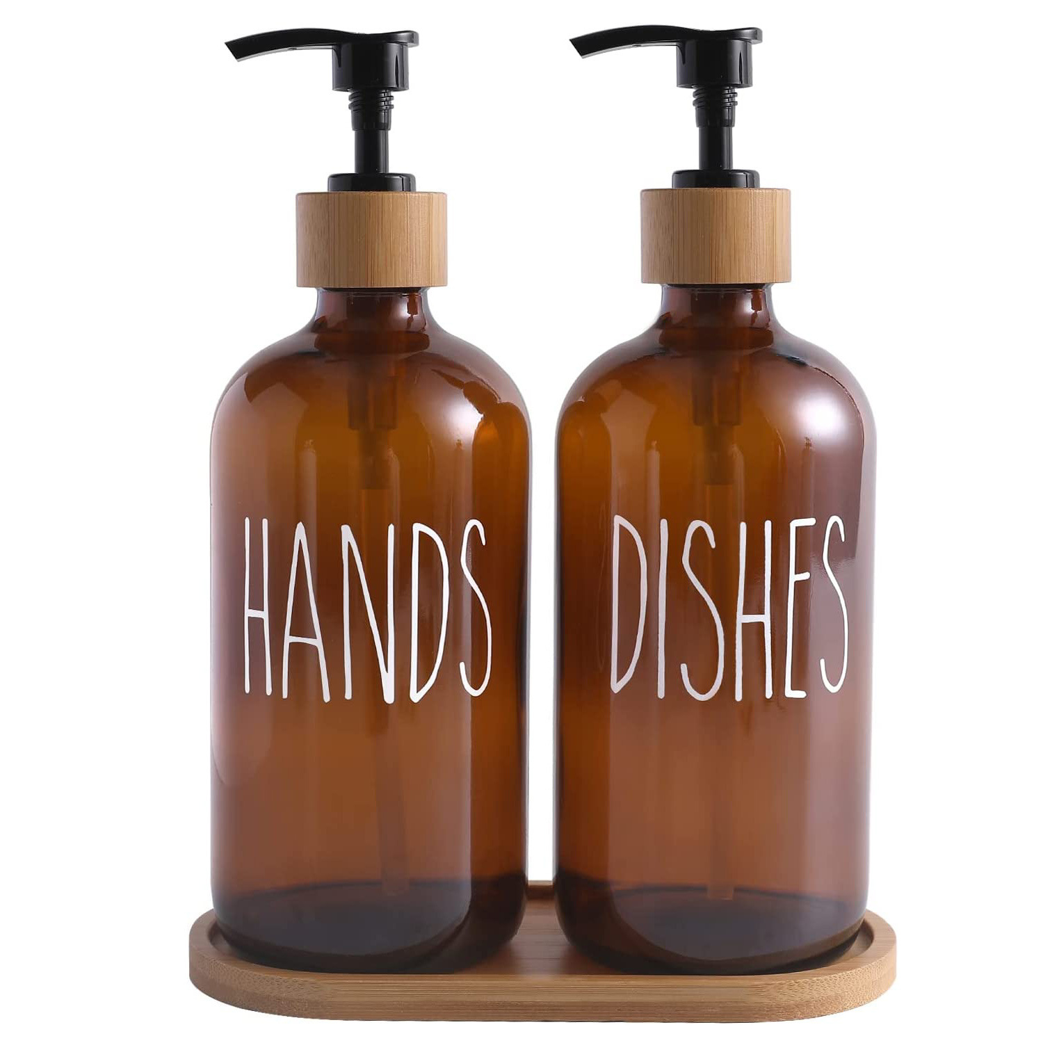 Amazon serie de baño de 16oz café rústico botella de jabón de madera botella de desinfectante de manos con jabón de madera