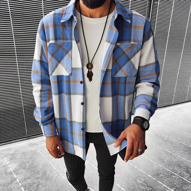 2025 Men's Autumn and Winter New Plaid Coat Shirt Pocket Jacket Casual Coat Flannel Plaid