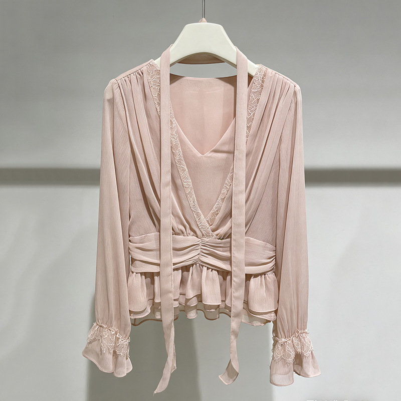 Sweet V-Neck Chiffon Shirt for Women, Long-Sleeved, Tie-Waist, Slimming, Lace Splicing, Women's Pullover Shirt, 2026 Spring and Summer Style