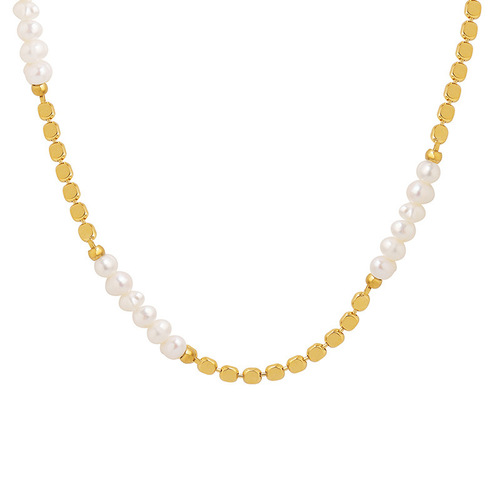 Real Gold Plated Brass Material Freshwater Pearl Flat Bean Stitching Necklace Simple Fashion European and American Style Metal Clavicle Chain