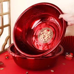 結婚喜盆の女性が洗面器の新しい結婚式のステンレスと赤い盆のセットの結婚祝い用品の大全
