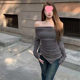 设计感不规则一字肩长袖恤女秋冬小众褶皱修身显瘦喇叭袖上衣