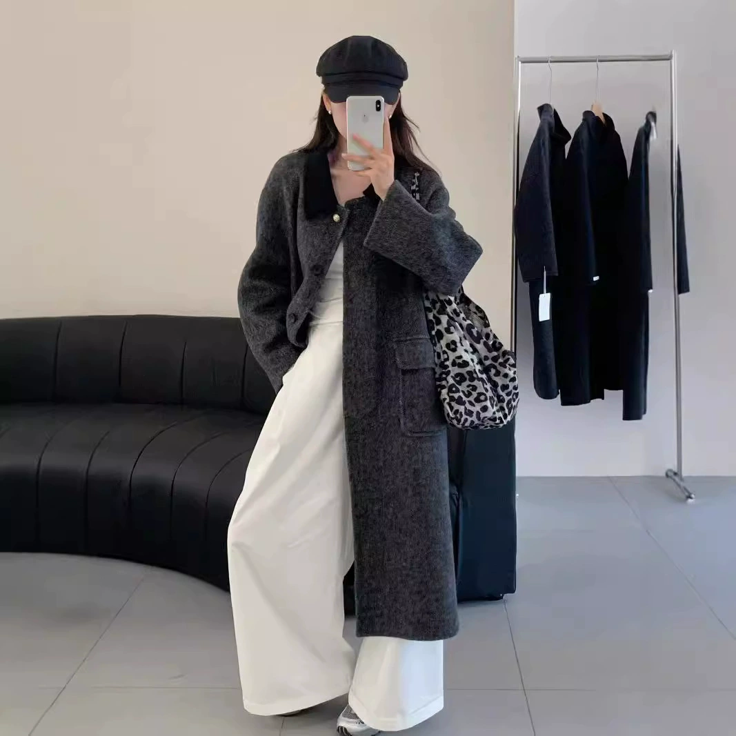 [Загадочное шоу] Лиюань 2024 осенний воротник сшивания с контрастным цветом двухстороннее кашемировое пальто корейская свободная шерстяная куртка для женщин