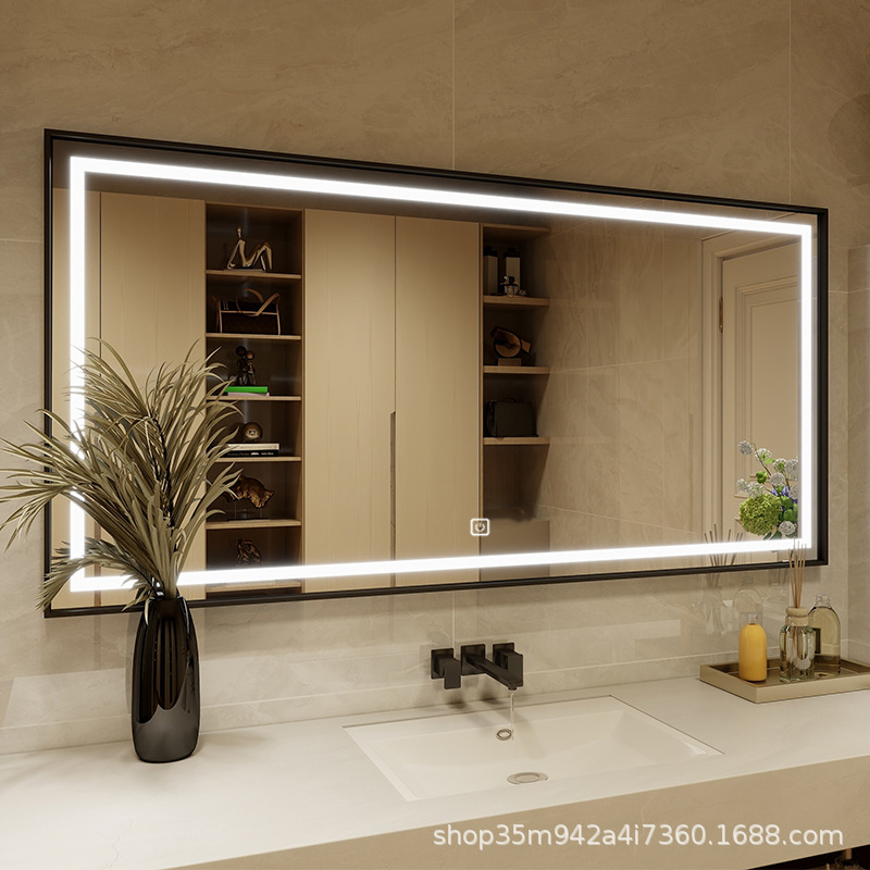Square aluminum frame anti-fog toilet bathroom mirror led body induction luminous mirror wall hanging smart mirror touch