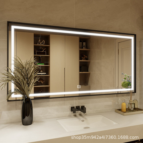 Square aluminum frame anti-fog toilet bathroom mirror led body induction luminous mirror wall hanging smart mirror touch