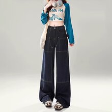 高腰美式工装牛仔裤女秋季2024新款显瘦宽松直筒设计感阔腿裤子女