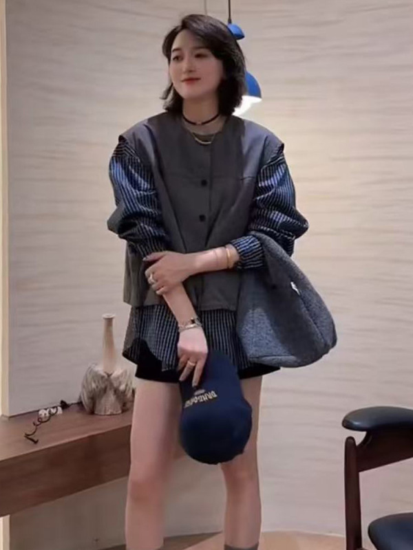 韩系条纹拼接假两件衬衫女2025秋季新款宽松显瘦百搭减龄长袖上衣|undefined