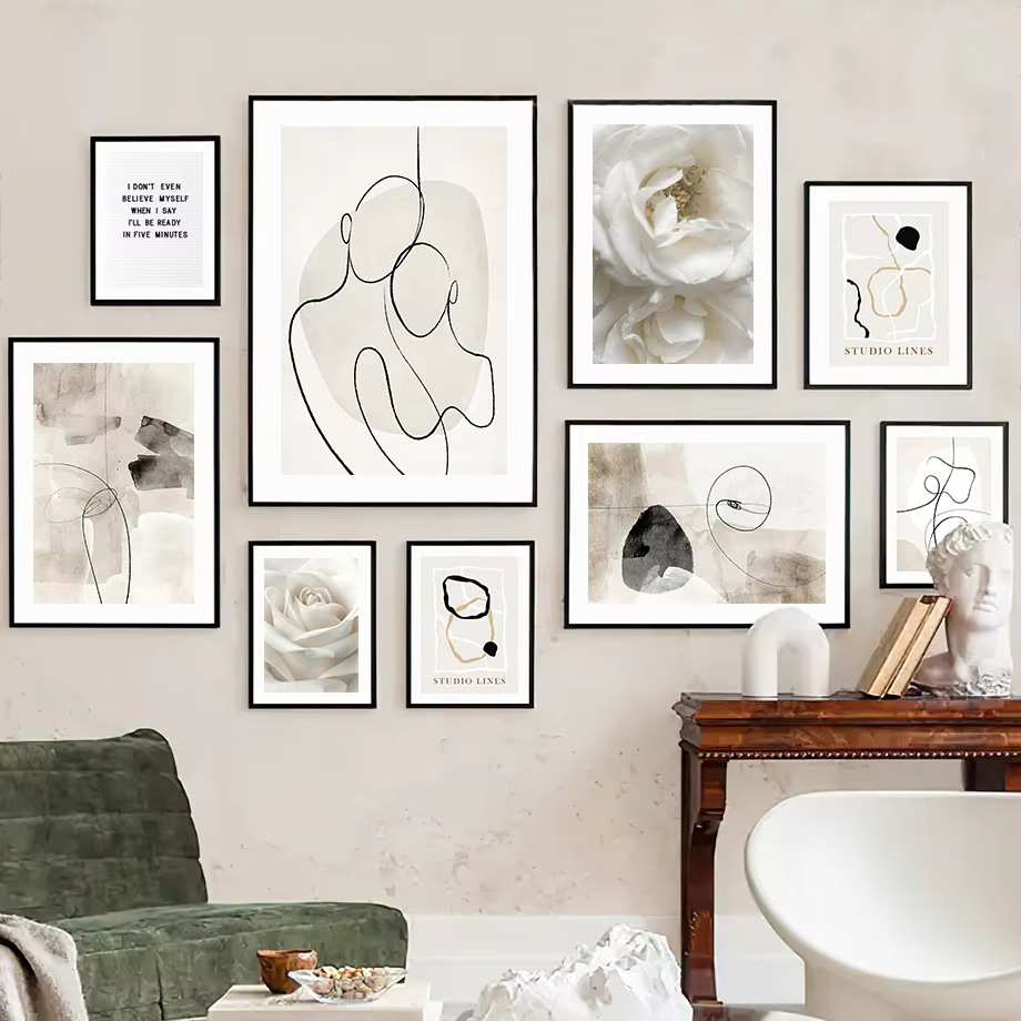 北欧现代米色抽象线条几何人物色块客厅卧室帆布装饰画芯挂画无框