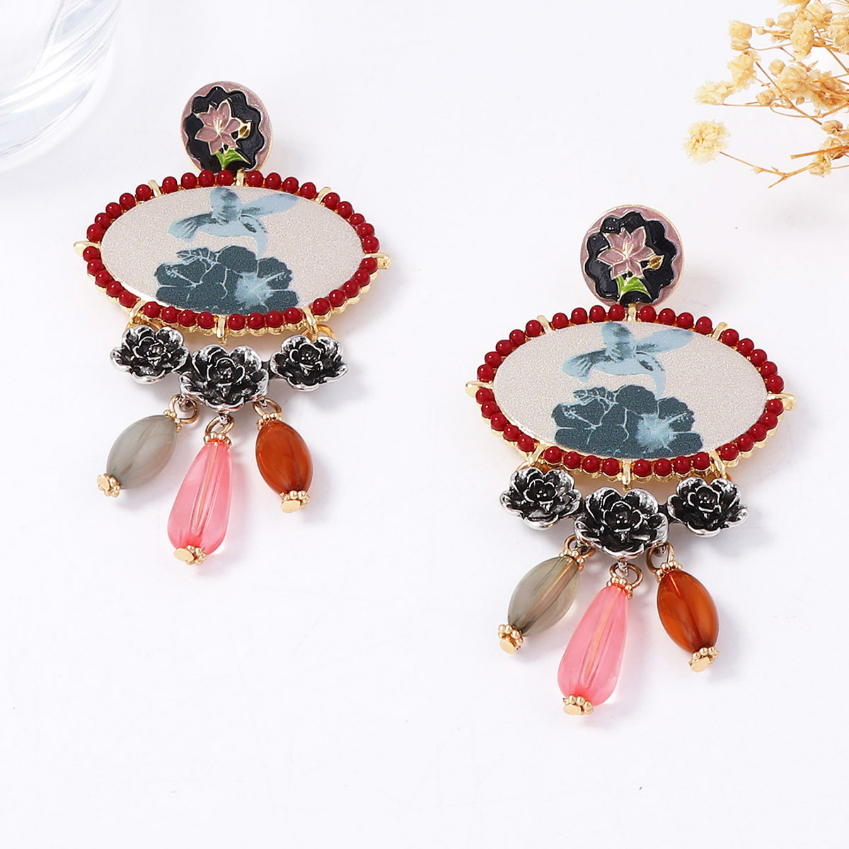 ZA transfronteriza exageración de tendencia nacional de estilo retro aleación de resina pájaros y flores de frascos pendientes pendientes