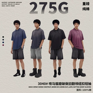 做旧翻领纽扣短袖美式潮牌水洗polo翻领短恤男宽松型度假风短袖