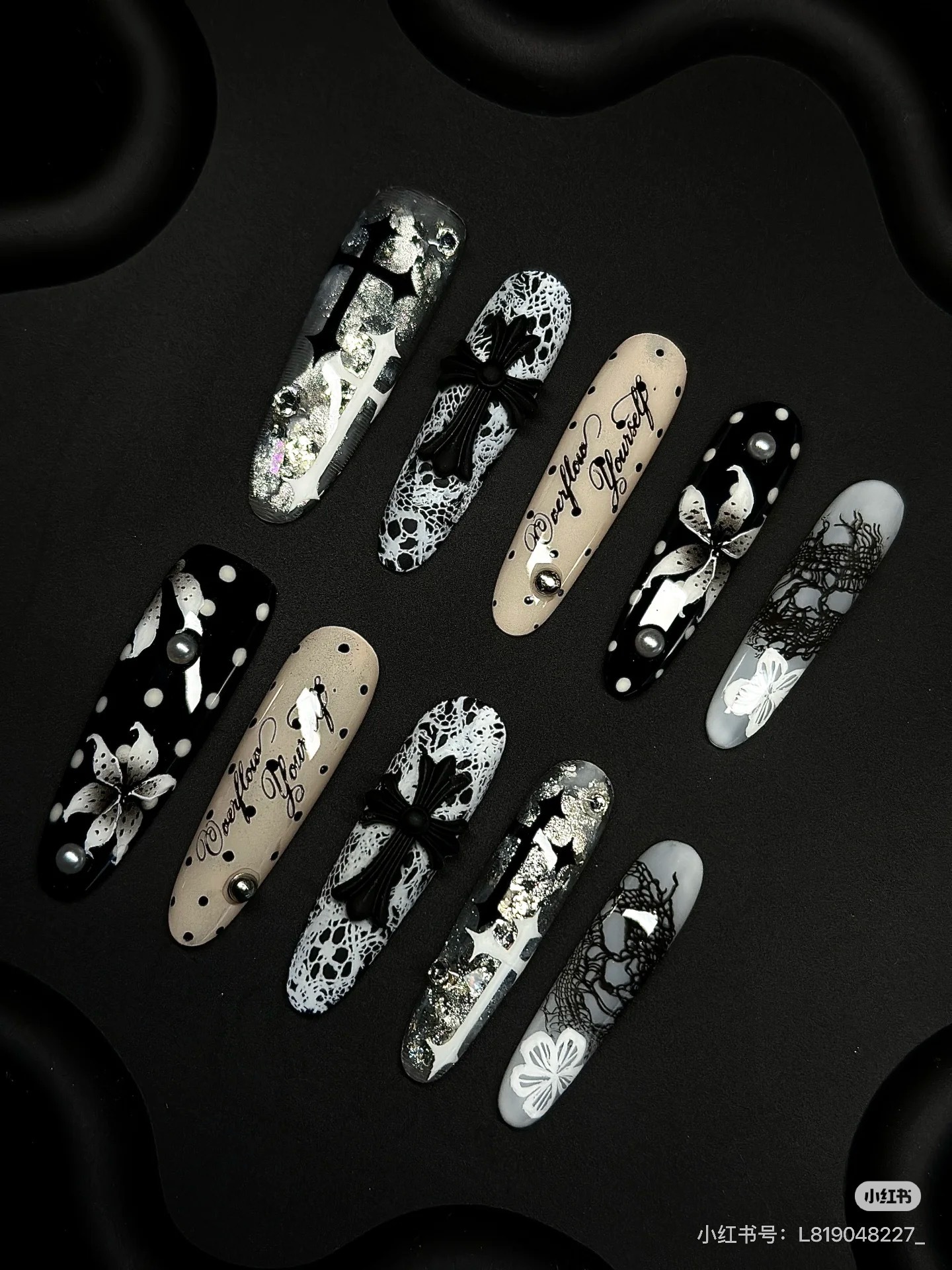 Trendy retro polka dot lily nail art stamping plate with vintage music notes, stars, butterflies, and gothic crosses