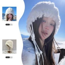 24秋冬新款白色手工帽兔毛流苏雪地帽东北御寒护耳保暖软糯雷锋帽