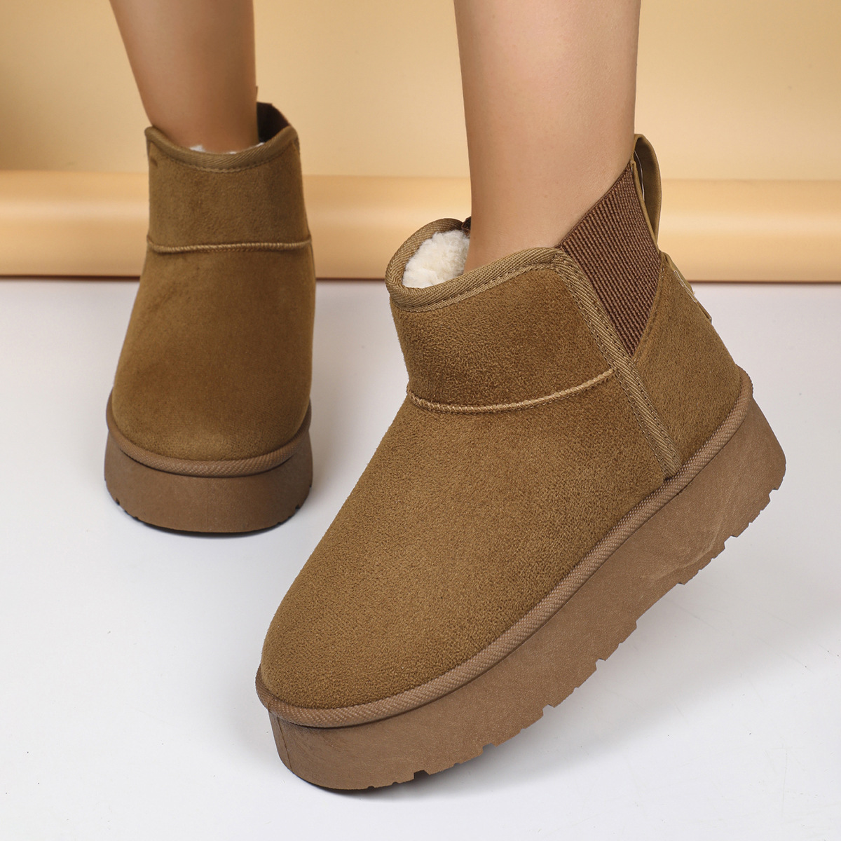 New women's snow boots with fleece thick sole warm snow cotton shoes brown black with wool inside_voghion.com