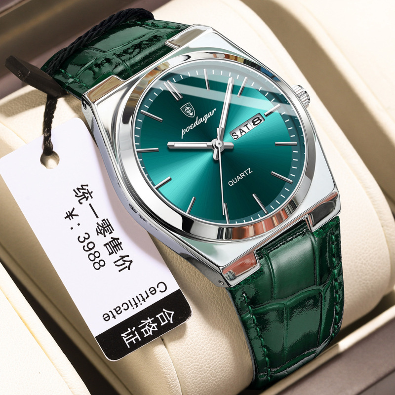 Poedagar Ultra-Thin Dual Calendar Men's Watch Trendy Fashion Leather Strap Quartz Watch Live Export Popular Wristwatch