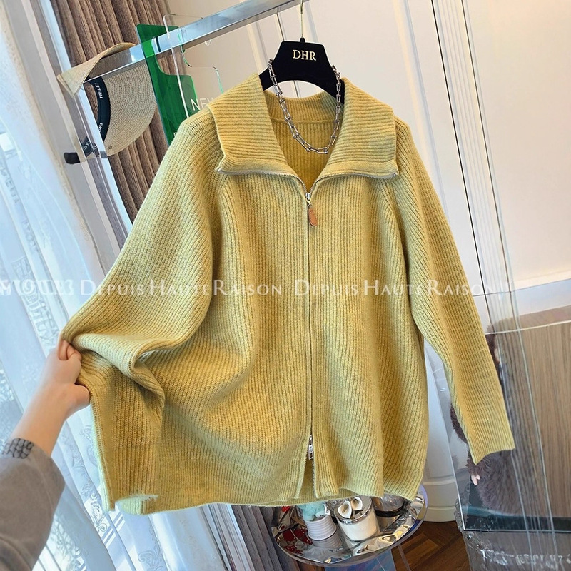 2026 Autumn/Winter New Style Elegant Lapel Zipper Versatile Sweater for Women, Loose Fit, Slimming, Casual Knitted Cardigan