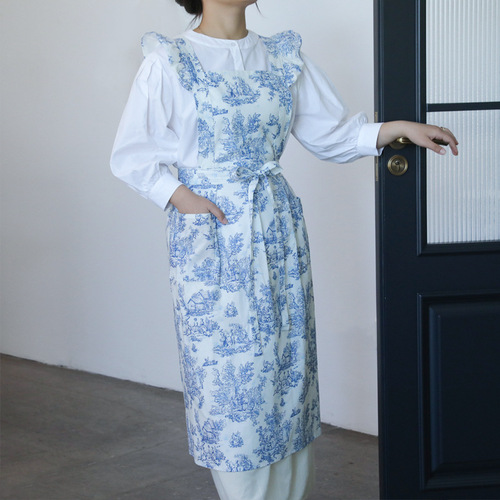 French-style apron with a high-end feel, Instagram-worthy home use, anti-stain 100% cotton, retro floral print, lotus edge floral apron dress