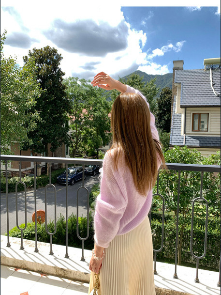 南油高端女装新款法式慵懒风软糯羽毛花蕾丝套头圆领马海毛针织衫|undefined