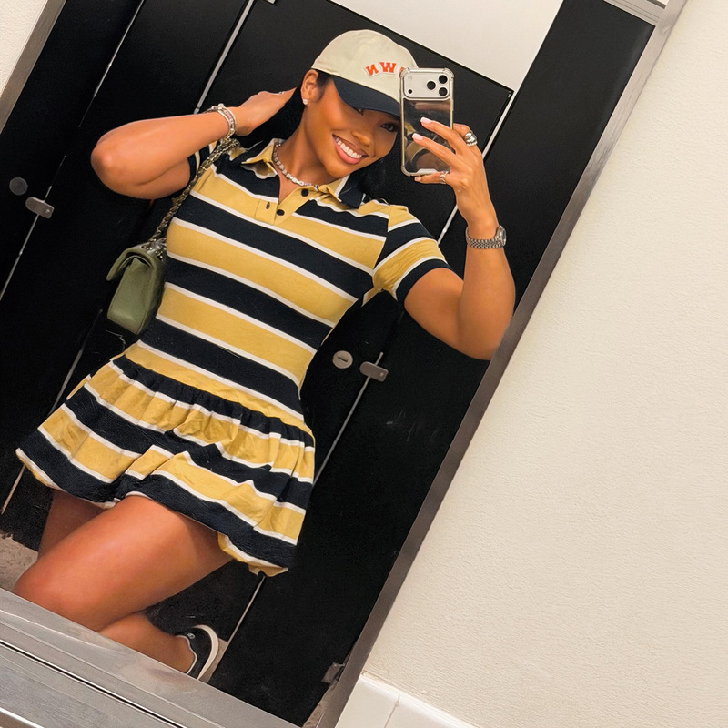 2026 European and American Cross-Border Summer New Women's Retro Striped Fashion Lapel Sports Trendy Short-Sleeve Dress 2026 European and American Cross-Border Summer New Women's Retro Striped Fashion Lapel Sports Trendy Short-Sleeve Dress